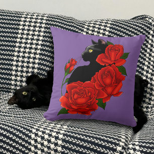 Black Cat Red Roses Purple Cushion