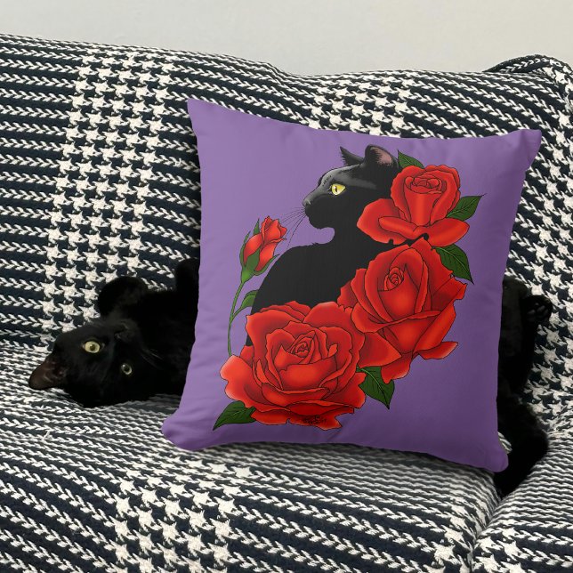 Black Cat Red Roses Purple Cushion (Creator Uploaded)