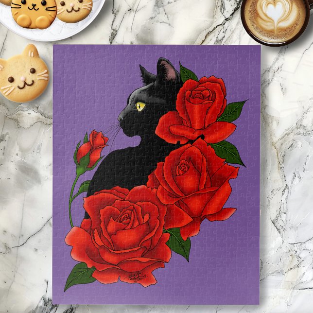 Black Cat Red Roses Purple Jigsaw Puzzle (Creator Uploaded)