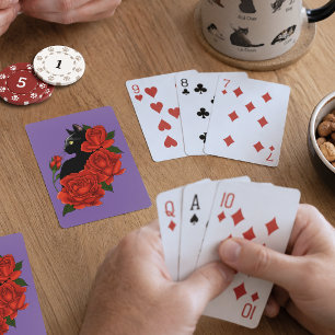 Black Cat Red Roses Purple Playing Cards