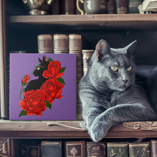 Black Cat Red Roses Purple Tile