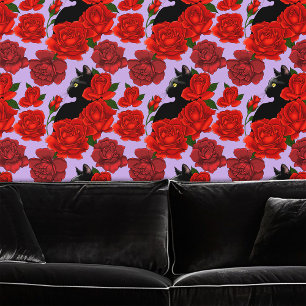 Black Cat Red Roses Purple Wallpaper