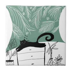 Black Cat Relaxing Plant Jungle Tile