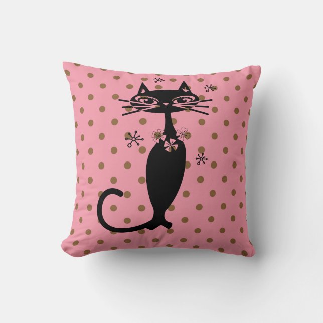 BLACK CAT RETRO PINK POLKA DOT PILLOW (Front)