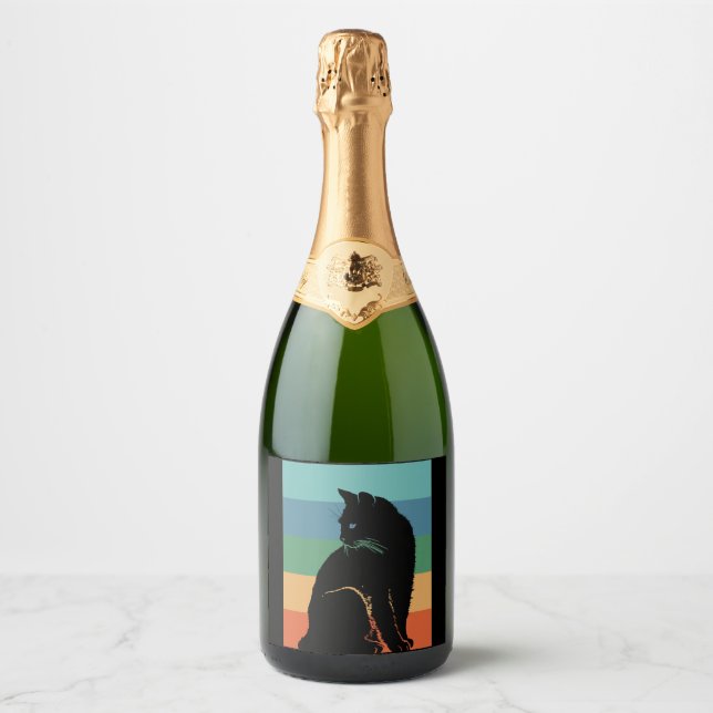 Black Cat Retro Vintage Sparkling Wine Label (Front)