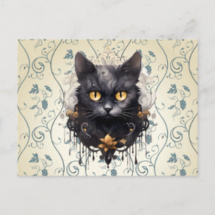Black Cat Rhinestones Leaves Grapes Halloween Holiday Postcard