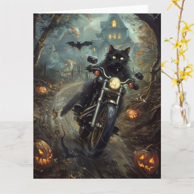 Black Cat Riding Motorcycle Halloween Scary Card (Yellow Flower)