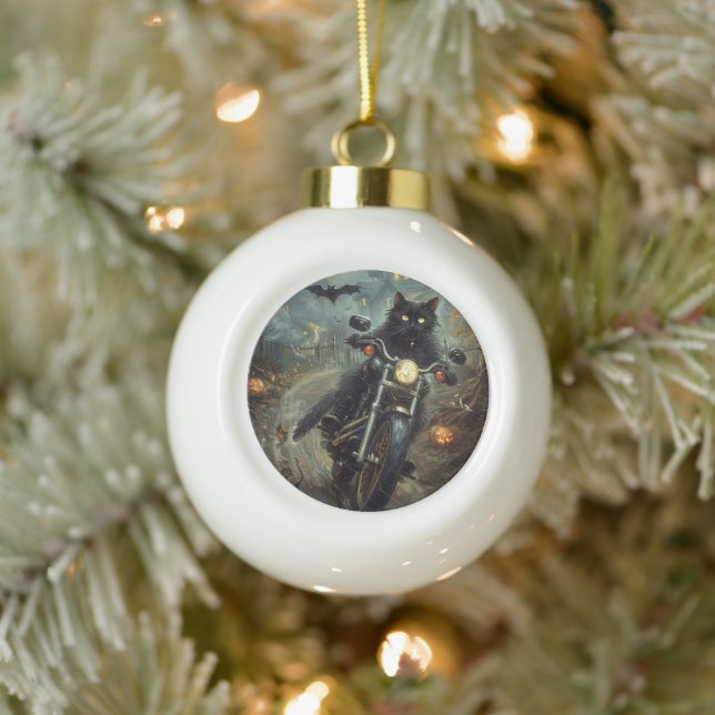 Black Cat Riding Motorcycle Halloween Scary Ceramic Ball Christmas Ornament (Tree)