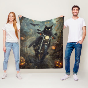 Black Cat Riding Motorcycle Halloween Scary Fleece Blanket