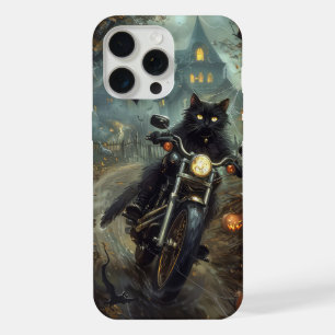 Black Cat Riding Motorcycle Halloween Scary iPhone 15 Pro Max Case