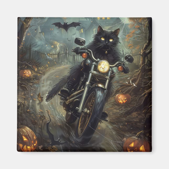 Black Cat Riding Motorcycle Halloween Scary Magnet (Front)