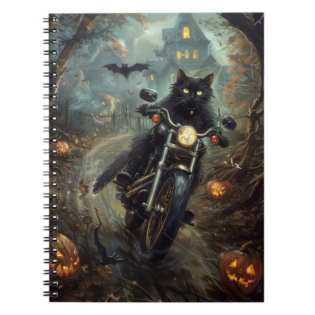 Black Cat Riding Motorcycle Halloween Scary Notebook (Front)