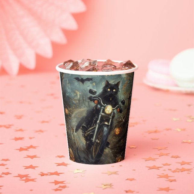 Black Cat Riding Motorcycle Halloween Scary Paper Cups (Insitu)