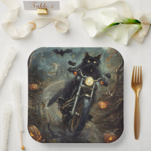 Black Cat Riding Motorcycle Halloween Scary Paper Plate