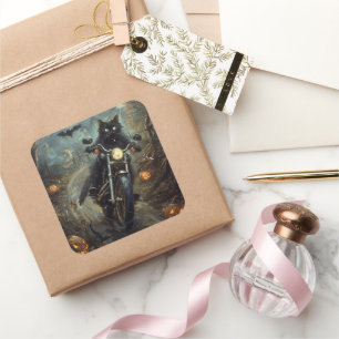 Black Cat Riding Motorcycle Halloween Scary Square Sticker