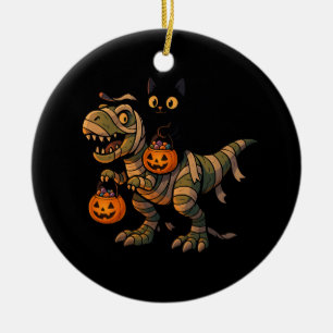 Black Cat Riding Mummy T-Rex – Cute Halloween Dino Ceramic Tree Decoration