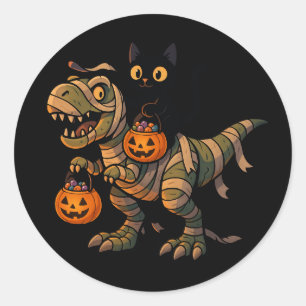 Black Cat Riding Mummy T-Rex – Cute Halloween Dino Classic Round Sticker