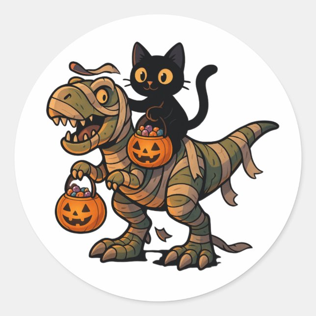 Black Cat Riding Mummy T-Rex – Cute Halloween Dino Classic Round Sticker (Front)
