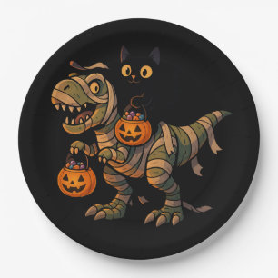 Black Cat Riding Mummy T-Rex – Cute Halloween Dino Paper Plate