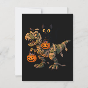 Black Cat Riding Mummy T-Rex – Cute Halloween Dino Postcard