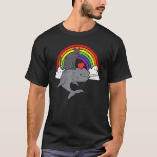 Black Cat Riding Narwhal Rainbow Heart Valentine's T-Shirt