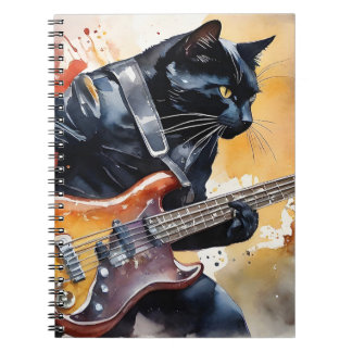 Black Cat Rock Star Leather Jacket Playing Guitar Notebook