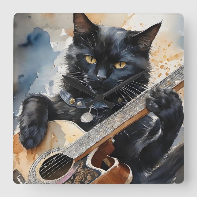 Black Cat Rock Star Playing Acoustic Guitar  Square Wall Clock (Front)