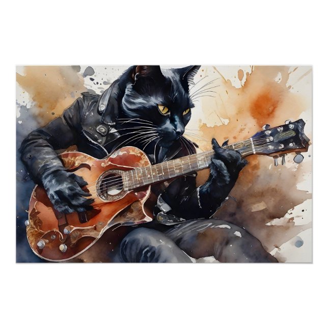 Black Cat Rock Star Playing Guitar Leather Jacket  Poster (Front)