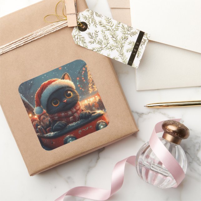 Black Cat Roller Coaster Christmas Square Sticker (Gifting)