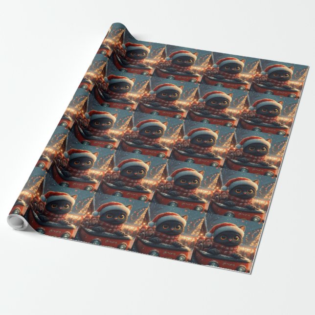 Black Cat Roller Coaster Christmas Wrapping Paper (Unrolled)