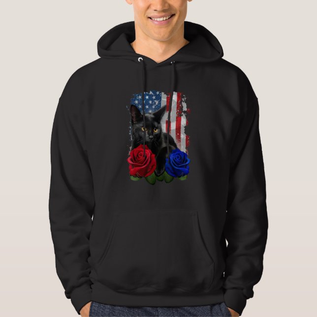Black Cat Rose American Flag Happy 4th Of July Hoodie (Front)