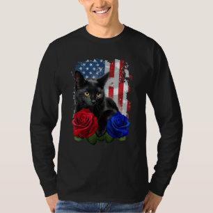 Black Cat Rose American Flag Happy 4th Of July T-Shirt