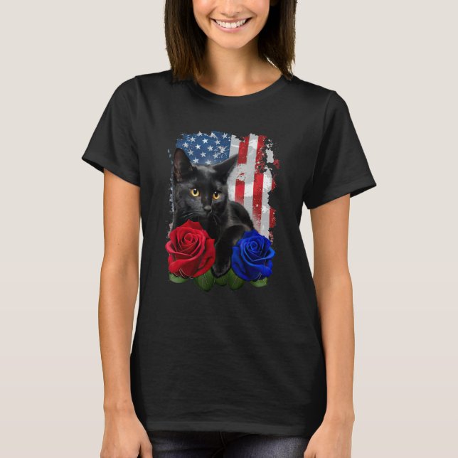 Black Cat Rose American Flag Happy 4th Of July T-Shirt (Front)