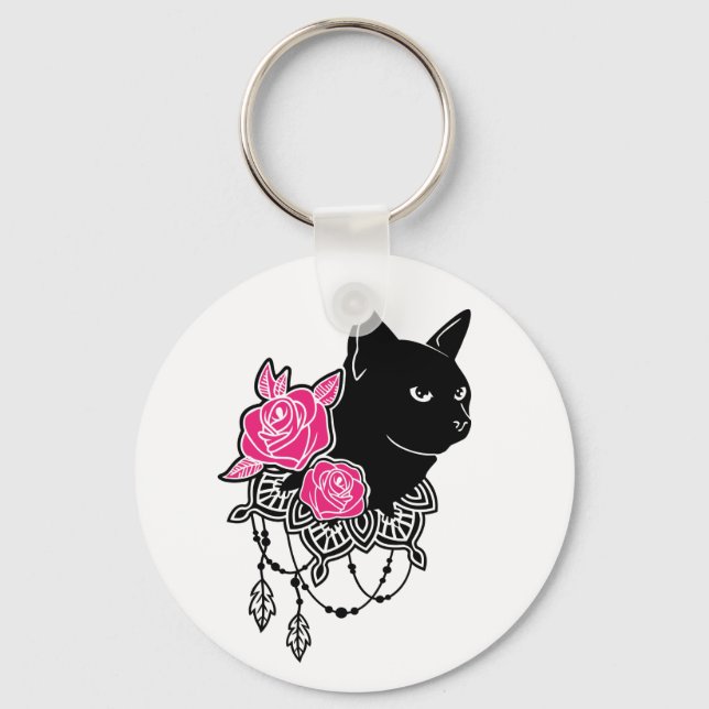 Black Cat Rose on  Key Ring (Front)