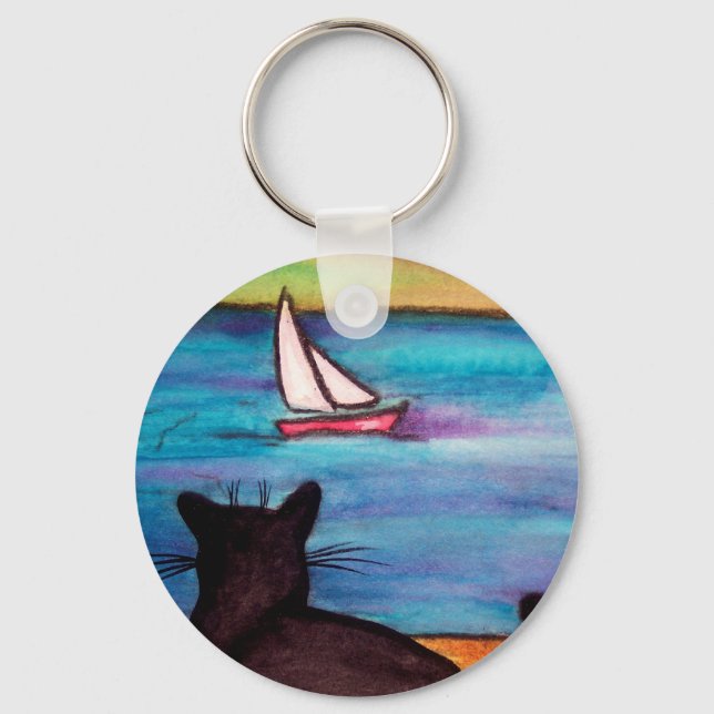 Black Cat Sailboat Watch Key Ring (Front)