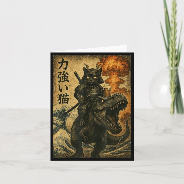 Black Cat Samurai Dinosaur Sea Wave Card (Front)