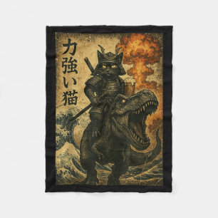 Black Cat Samurai Dinosaur Sea Wave Fleece Blanket