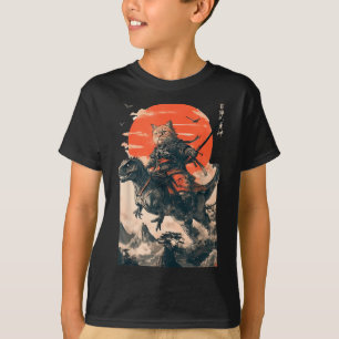Black Cat Samurai Dinosaur Sea Wave Print T-shirt. T-Shirt
