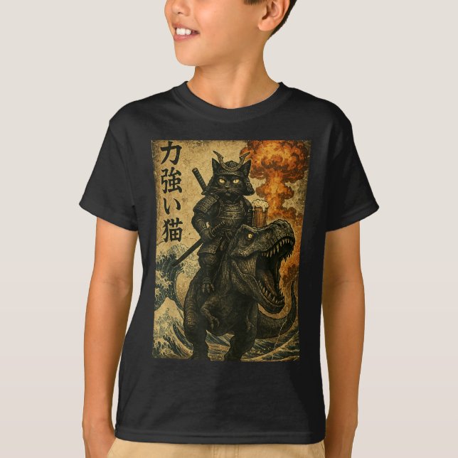 Black Cat Samurai Dinosaur Sea Wave T-Shirt (Front)