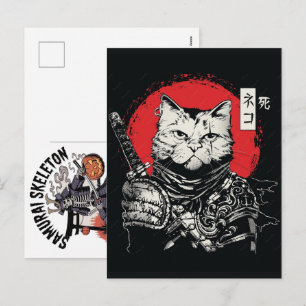 Black Cat Samurai Japanese Warrior Vintage Holiday Postcard