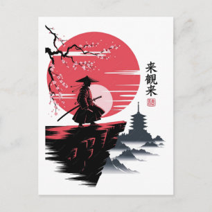 Black Cat Samurai Japanese Warrior Vintage Postcard