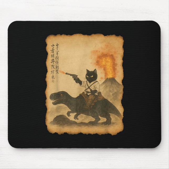 Black Cat Samurai Riding Dinosaur Volcanic Eruptio Mouse Pad (Front)