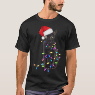 Black Cat Santa Hat Christmas Lights Funny Cat Lov T-Shirt