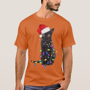 Black Cat Santa Hat Christmas Lights Funny Cat Lov T-Shirt