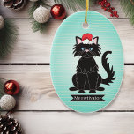 Black Cat Santa Hat Christmas Pet Ornament<br><div class="desc">Cute,  fluffy,  black cat graphic with blue eyes,  wearing a red/white Santa hat for Christmas.  Black banner to add a custom pet name underneath.  Aqua green striped background.



Cat graphic by:  Lori@SaltTownStudio</div>