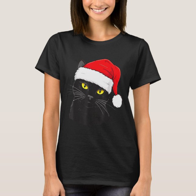 Black Cat Santa Hat Christmas  T-Shirt (Front)