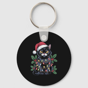 Black Cat Santa Hat Christmas Tree Lights Funny Pe Key Ring