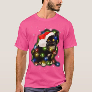 Black Cat Santa Hat Led Christmas Lights Happy Hol T-Shirt