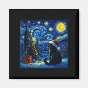 Black Cat Santa Hat Van Gogh Starry Night Christma Magnet