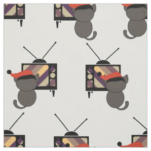 Black Cat Santa Hat Watching TV Retro Vintage Fabric